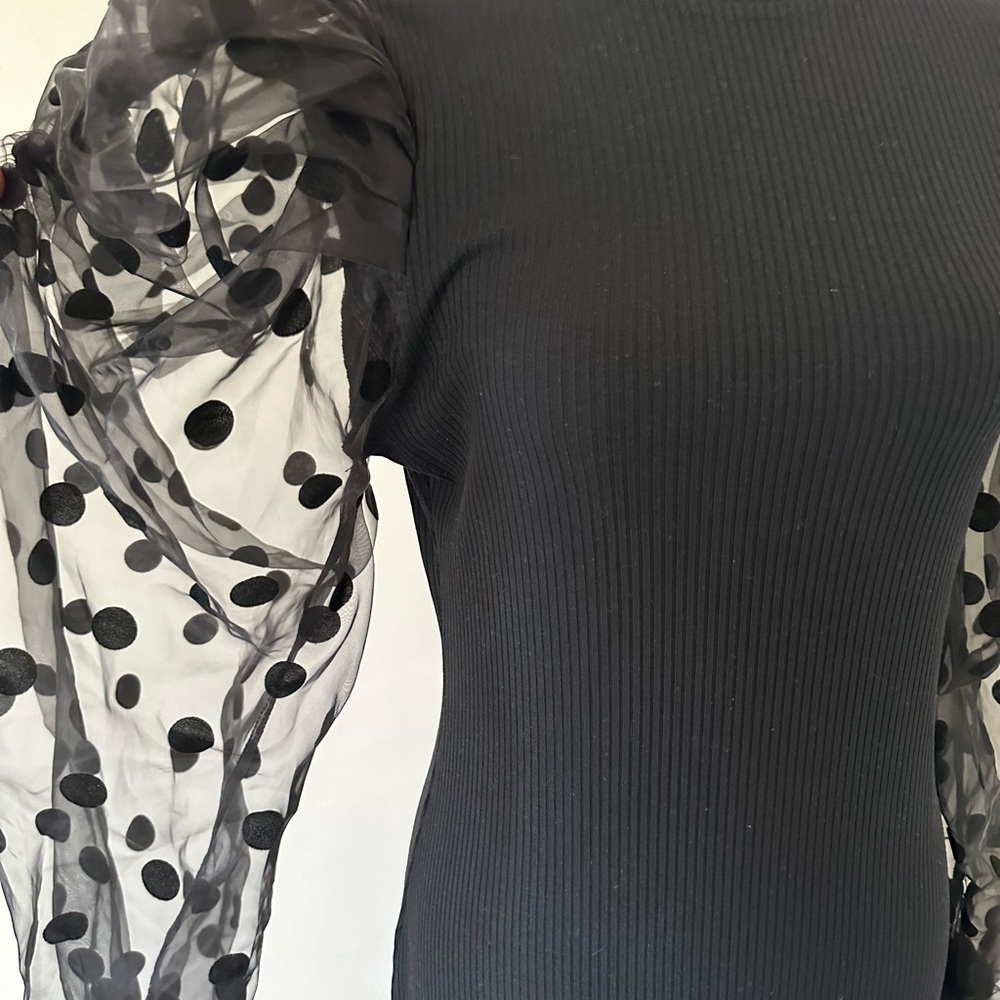 Black sweater dress with sheer sleeves, length has been altered